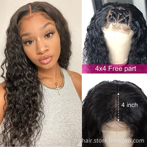 28" Lace Front Wig Real Hair Water Wave Lace Front Wig 4x4 Hair Wig 100% Real Human Hair Natural Black 150 Density Wholesale